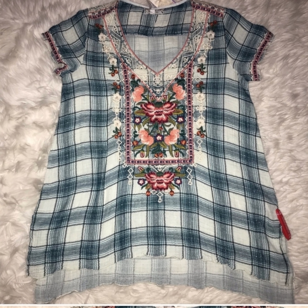 Plaid embroidered julienne drape top by Johnny Was - Picture 6 of 7